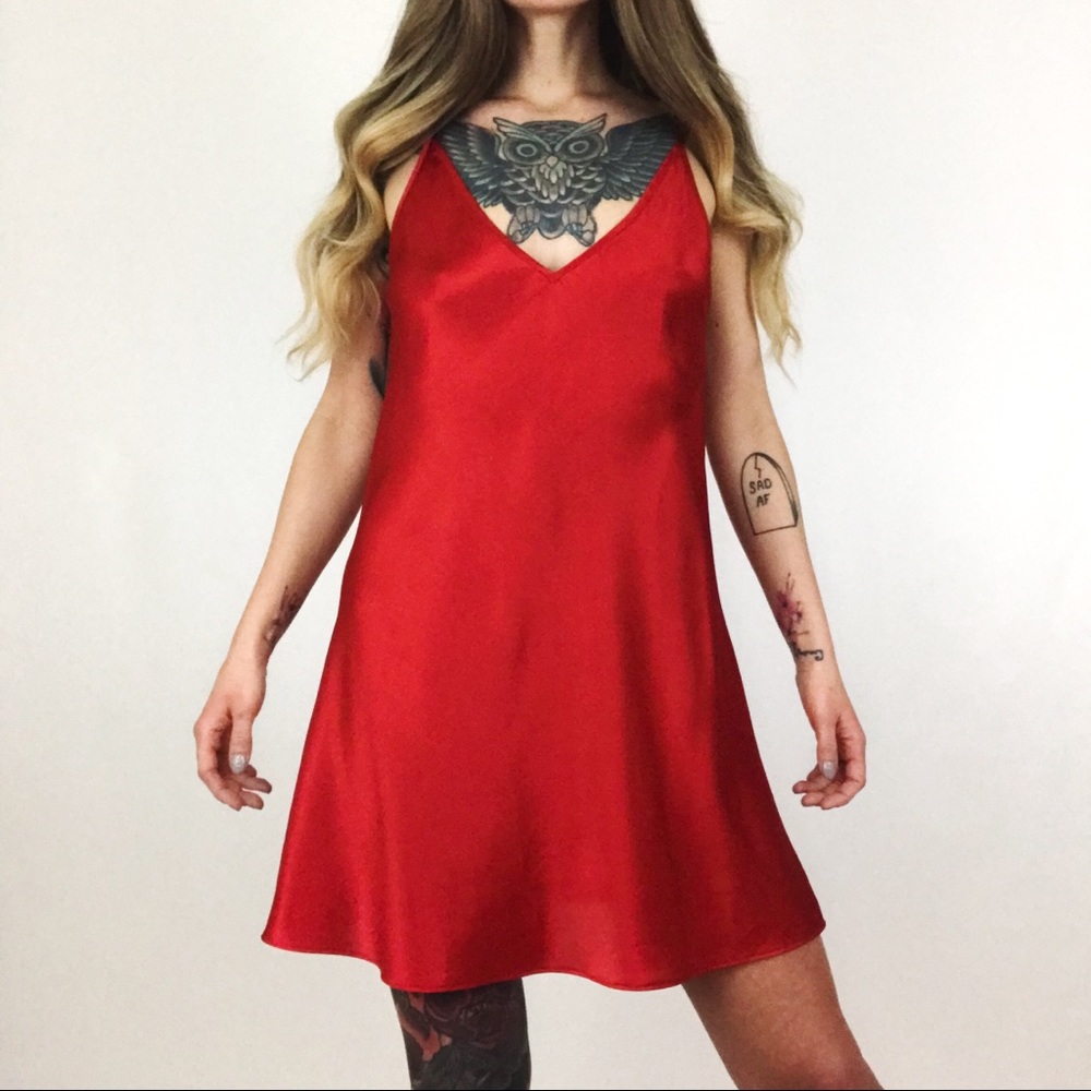 Vintage Satin Chemise Slip Dress in Red | Size S